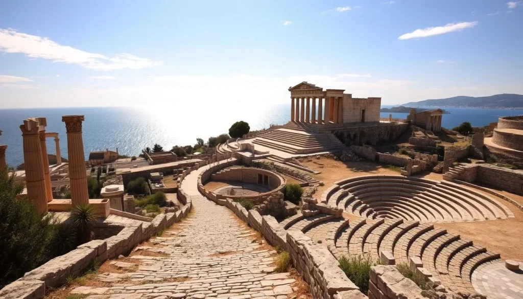 Scenic view of the ancient city of Rhodes, Greece, set against a backdrop of azure skies and the sparkling Aegean Sea. In the foreground, majestic limestone ruins of the Acropolis and Temple of Athena Lindia stand tall, casting long shadows across the sun-dappled landscape. In the middle ground, a winding cobblestone path leads visitors through the remains of ancient theaters, gymnasiums, and marketplaces, inviting exploration of the island's rich history. The warm Mediterranean light bathes the scene in a golden glow, evoking a sense of timeless grandeur and the enduring legacy of this once-thriving Hellenistic city.