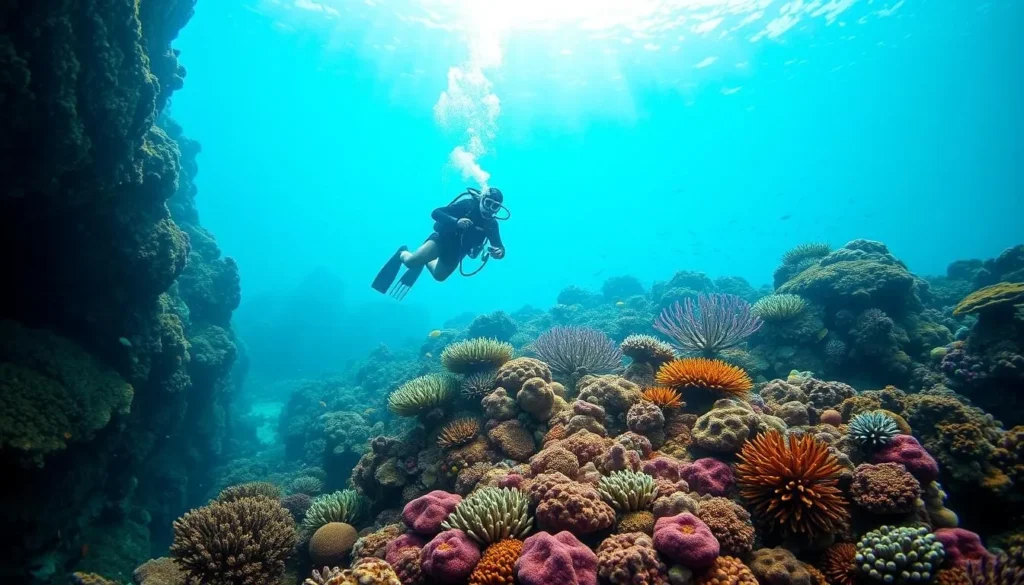 Scuba diver exploring vibrant coral reefs in Kimbe Bay, Papua New Guinea