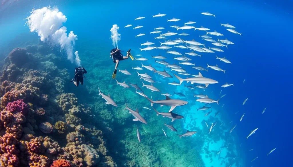 Scuba divers at Blue Corner dive site in Palau with sharks and schools of fish Scuba divers at Blue Corner dive site in Palau with sharks and schools of fish