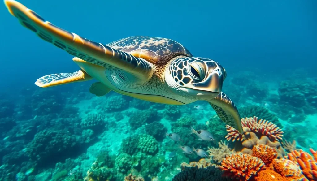 Sea turtle swimming over coral reef in Bonaire National Marine Park