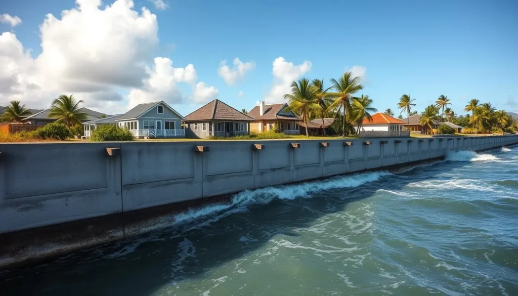Sea walls protecting a Tokelauan village from rising sea levels