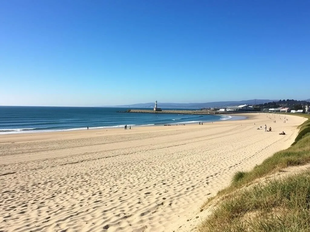 Seabright Beach in Santa Cruz with the lighthouse and harbor in the background Seabright Beach in Santa Cruz with the lighthouse and harbor in the background