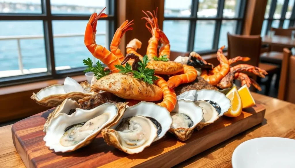 Seafood platter with fresh oysters, prawns, and fish at a waterfront restaurant in Nelson Bay Seafood platter with fresh oysters, prawns, and fish at a waterfront restaurant in Nelson Bay