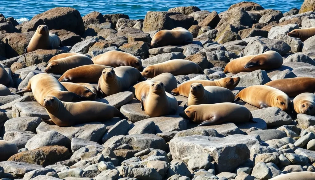 Seals resting on Shetland shoreline with clear blue water in background
