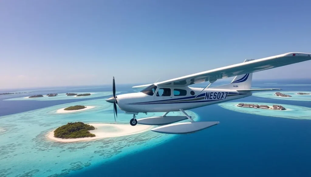 Seaplane flying over Maldives atolls for resort transfer