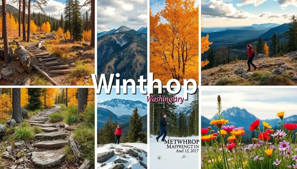 Seasonal collage of Winthrop, Washington showing summer hiking trails, fall foliage with golden larch trees, winter cross-country skiing, and spring wildflowers