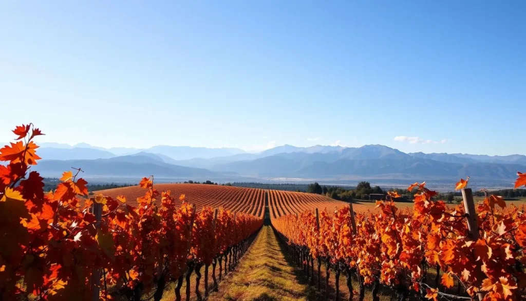 Seasonal landscape of Chilean wine country in autumn with colorful vineyards, one of the best things to do in Chile Seasonal landscape of Chilean wine country in autumn with colorful vineyards, one of the best things to do in Chile