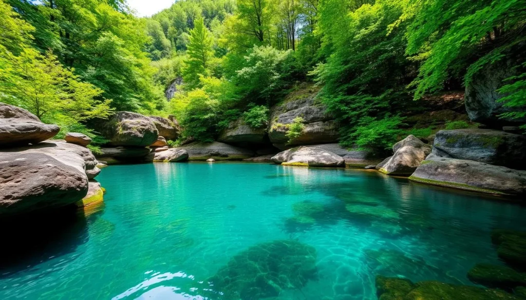 Secluded swimming hole in the Catskills with crystal-clear turquoise water