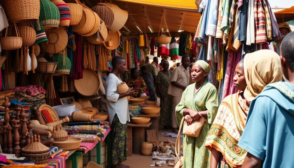 Senegalese market scene with colorful textiles and crafts for sale Senegalese market scene with colorful textiles and crafts for sale