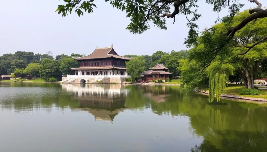Serene East Lake and historic Confucius Temple in Linhai, China