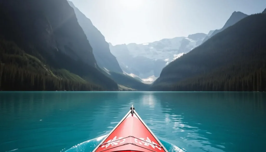Serene Lake Louise with a red canoe gliding across its turquoise waters, surrounded by majestic mountains.