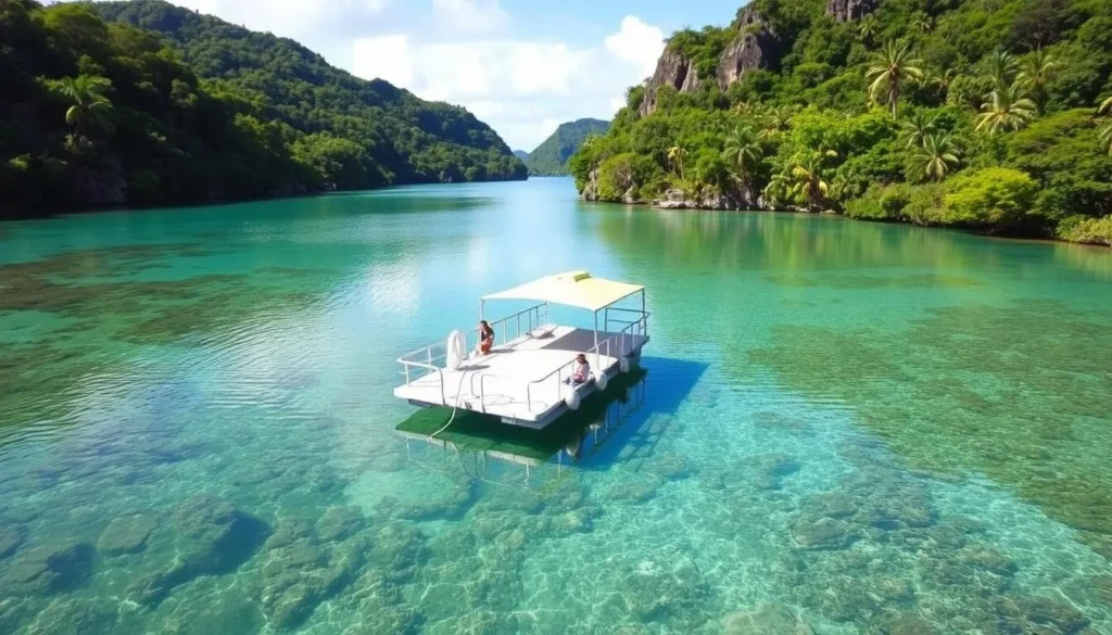 Serene Lord Howe Island Lagoon with crystal-clear waters and a floating pontoon