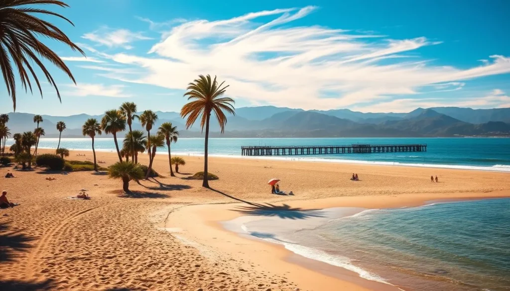 Serene Santa Barbara beach, sun-kissed and tranquil. Crystal-clear waters caress the golden sand, dotted with sun-bathers and beachgoers. In the middle ground, swaying palm trees cast gentle shadows, and a pier extends into the horizon, inviting exploration. Distant mountains rise majestically, their peaks kissed by wispy clouds. The scene exudes a sense of laid-back California charm, with a soft, warm light enveloping the entire landscape. Capture the essence of this picturesque coastal town, a perfect destination for relaxation and adventure.