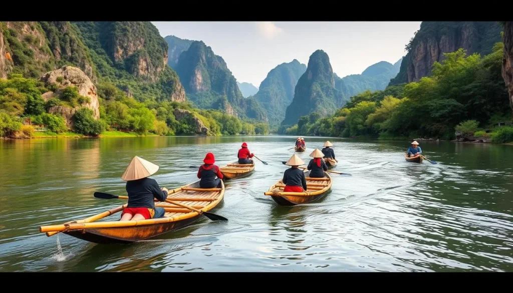 Serene Yulong River bamboo rafting scene with traditional bamboo rafts and lush karst mountains