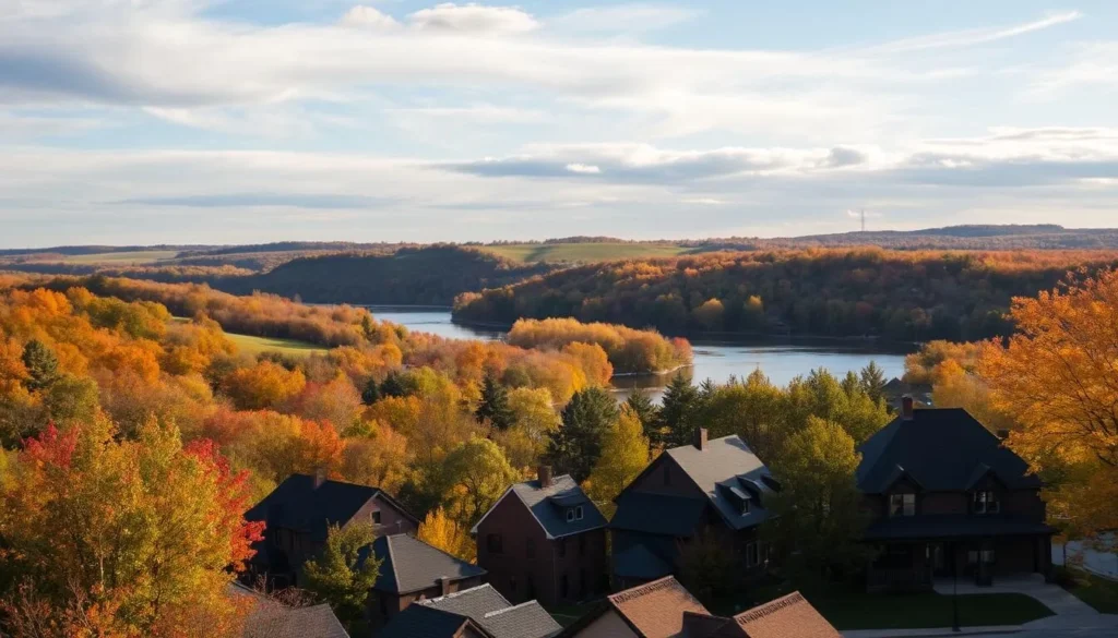 Serene autumn afternoon in Rochester, Minnesota. Lush, rolling hills dotted with vibrant fall foliage frame a scenic vista of the meandering Zumbro River, its banks lined with towering oak and maple trees. In the foreground, a quaint historic neighborhood nestled amid the natural splendor, its charming brick and timber homes basking in warm, golden sunlight. Wispy clouds drift overhead, casting soft shadows across the tranquil landscape. The scene exudes a sense of timeless, small-town allure, inviting the viewer to immerse themselves in Rochester's captivating charm.