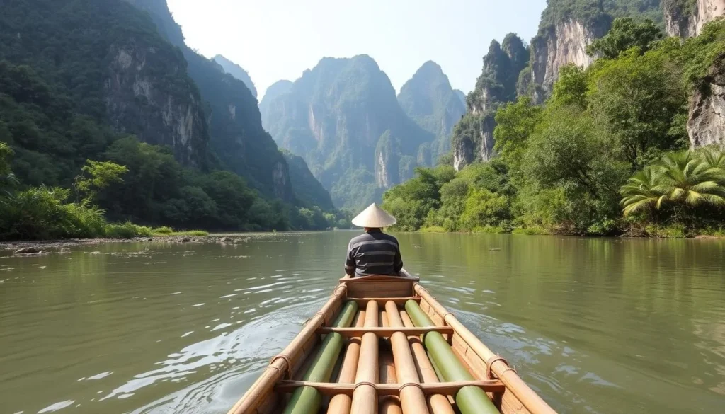 Serene bamboo rafting on the Yulong River, surrounded by lush greenery and towering karst mountains.