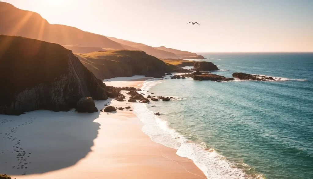 Serene beaches along the rugged coastline of the Isle of Mull, Scotland, under a warm, golden afternoon sun. Soft white sand meets turquoise waters, as gentle waves caress the shore. In the middle ground, rocky cliffs and verdant hills rise, casting long shadows across the tranquil scene. Seabirds soar overhead, their cries echoing across the picturesque landscape. The overall mood is one of peaceful solitude, inviting visitors to bask in the natural beauty of this remote Scottish island.