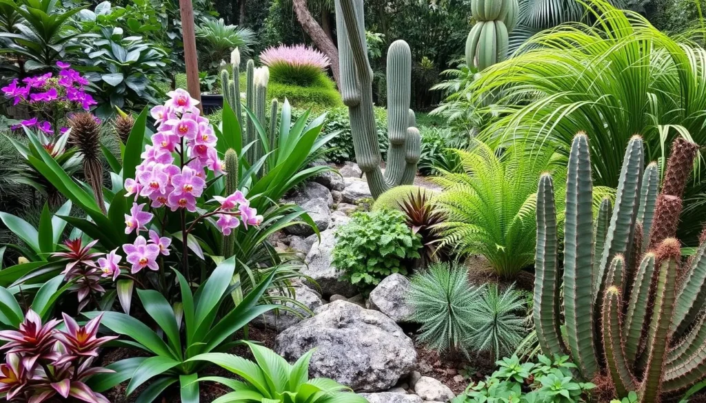 Serene botanical garden with diverse plant collections including orchids, ferns, and cacti.