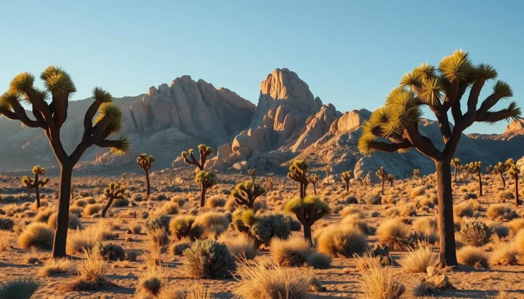 Serene desert landscape in Joshua Tree National Park, California. Majestic, twisted Joshua trees dotting the foreground, their unique silhouettes casting long shadows across the sun-baked rocky terrain. In the middle ground, rugged granite boulders and weathered rock formations create a dramatic backdrop. The warm, golden hour light bathes the scene in a soft, glowing hue, conveying a sense of tranquility and timelessness. Capture the iconic, otherworldly essence of this natural wonder with a wide, panoramic camera lens.