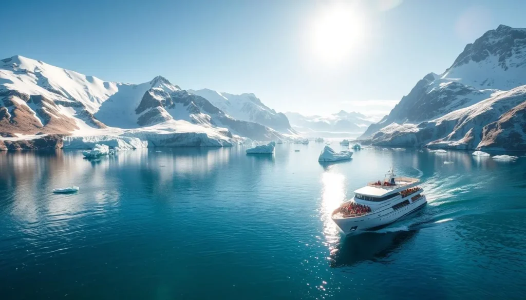 Serene glacial waters of Greenland's fjords, surrounded by majestic mountains capped with pristine snow. A luxury cruise ship gracefully glides through the icy landscape, its passengers marveling at the untamed beauty. Sunlight dances on the crystal-clear surface, casting a warm glow over the rugged terrain. In the distance, icebergs of various shapes and sizes float peacefully, a testament to the region's raw power. The air is crisp and fresh, inviting travelers to immerse themselves in the unspoiled wonder of this remote northern paradise. Serene glacial waters of Greenland's fjords, surrounded by majestic mountains capped with pristine snow. A luxury cruise ship gracefully glides through the icy landscape, its passengers marveling at the untamed beauty. Sunlight dances on the crystal-clear surface, casting a warm glow over the rugged terrain. In the distance, icebergs of various shapes and sizes float peacefully, a testament to the region's raw power. The air is crisp and fresh, inviting travelers to immerse themselves in the unspoiled wonder of this remote northern paradise.