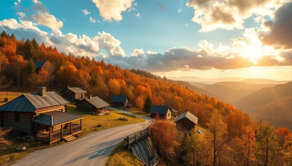 Serene landscapes along the iconic Blue Ridge Parkway, North Carolina. Capture a picturesque scene of historic cabins, log homes, and quaint mountain towns nestled between rolling hills and dense forests. Showcase the region's cultural heritage with craftspeople demonstrating traditional Appalachian artistry, musicians playing bluegrass tunes, and local artisans selling handmade wares in charming town squares. Bathe the whole scene in warm, golden sunlight filtering through fluffy clouds, creating a sense of timeless tranquility and rustic charm. Render the image in a hyper-realistic, photographic style with a wide-angle, cinematic perspective to immerse the viewer in the serene Blue Ridge landscape.