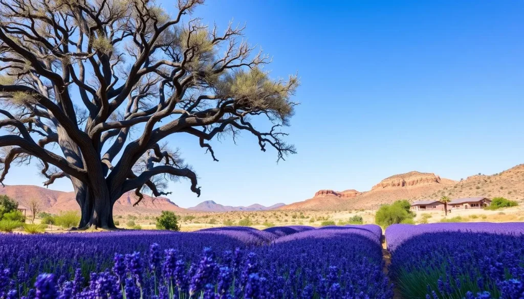 Serene lavender fields surrounded by ancient oak trees in the Arizona desert