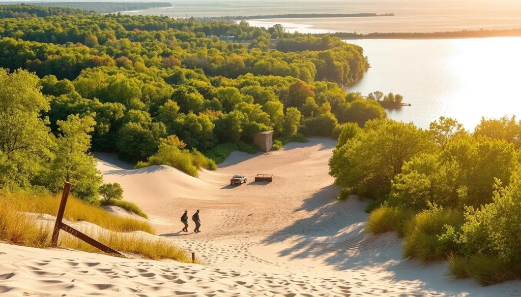Serene sandy beaches stretch along the shores of Indiana Dunes National Park, nestled between the rolling dunes and the tranquil waters of Lake Michigan. Capture the lush, verdant foliage of the surrounding forests, their vibrant hues reflecting in the calm, shimmering lake. Depict hikers exploring the winding trails, taking in the breathtaking vistas of the park's diverse landscapes. Bathe the scene in warm, golden sunlight, casting a peaceful, inviting atmosphere. Showcase the park's natural beauty, showcasing its appeal to nature lovers seeking a tranquil, restorative retreat.