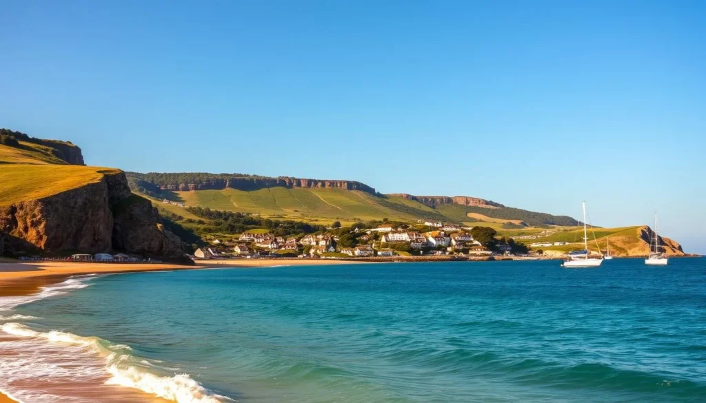 Serene shores of the Isle of Wight, where crystalline waves caress golden sands. Rugged cliffs stand sentry, their timeless beauty bathed in warm, golden sunlight. In the foreground, picturesque coastal towns nestle amidst lush, verdant landscapes, inviting exploration. Sailboats dot the horizon, their masts cutting graceful silhouettes against the azure sky. The scene exudes a tranquil, idyllic atmosphere, capturing the essence of England's island paradise.