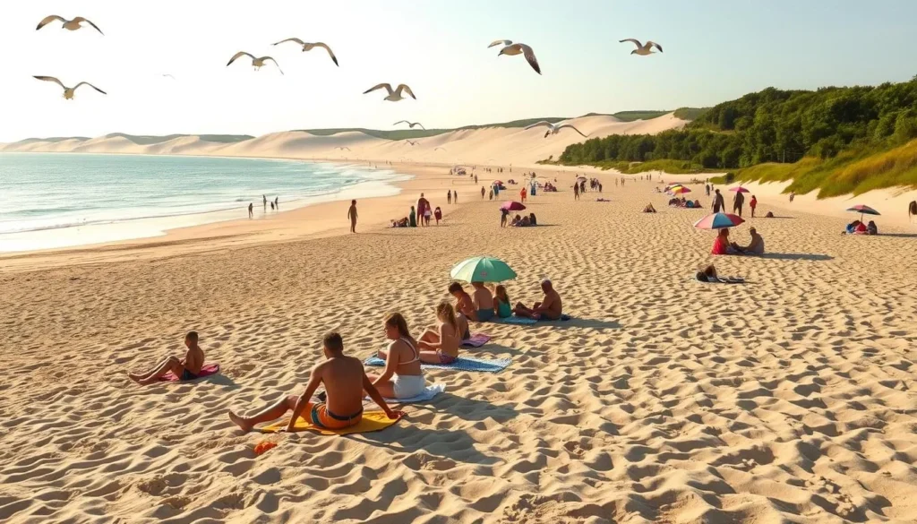 Serene summer day at Indiana Dunes beach. Families relax on soft golden sand, children splash in crystal-clear waters of Lake Michigan. Beachgoers stroll along the shoreline, taking in breathtaking views of rolling dunes and lush green foliage. Warm sunshine bathes the scene in a gentle glow, casting long shadows. Seagulls soar overhead, their cries mingling with laughter and the rhythmic lapping of waves. Vibrant umbrellas and colorful towels dot the landscape, creating a lively, welcoming atmosphere. Capture the essence of a quintessential Midwest summer day at Indiana Dunes National Park.