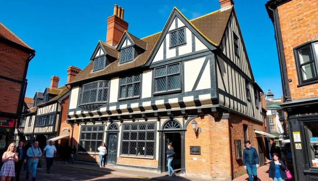 Shakespeare's Birthplace on Henley Street with its distinctive half-timbered Tudor facade and tourists exploring the historic site Shakespeare's Birthplace on Henley Street with its distinctive half-timbered Tudor facade and tourists exploring the historic site