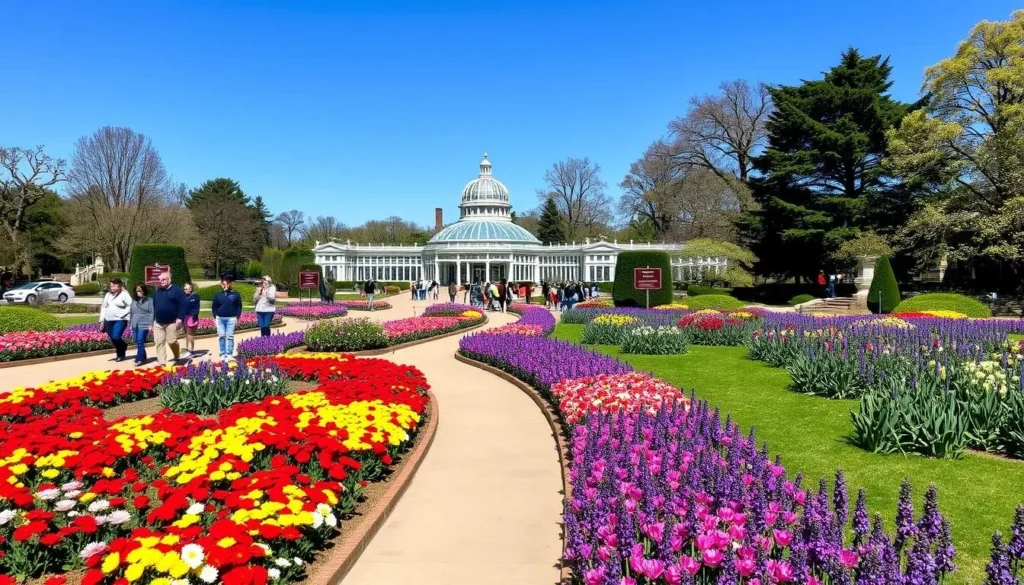 Sheffield Botanical Gardens in spring with colorful flowers and visitors enjoying Sheffield England things to do