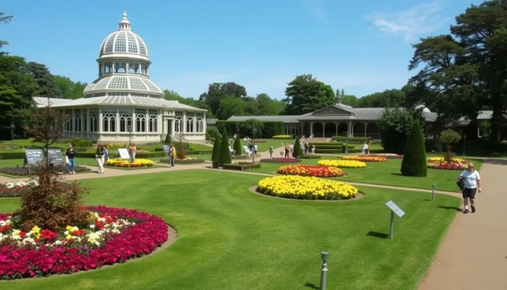 Sheffield Botanical Gardens showing Victorian glass pavilions and colorful flower beds