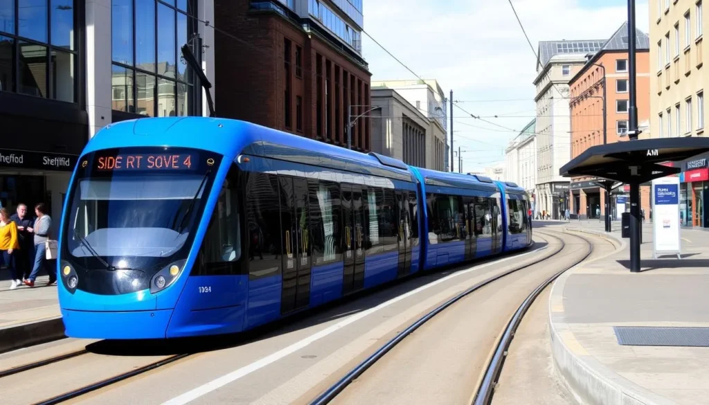 Sheffield Supertram passing through the city center with passengers boarding