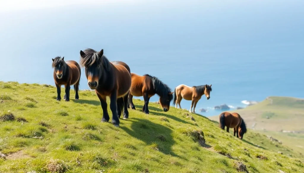 Shetland ponies grazing on hillside with coastal scenery in background