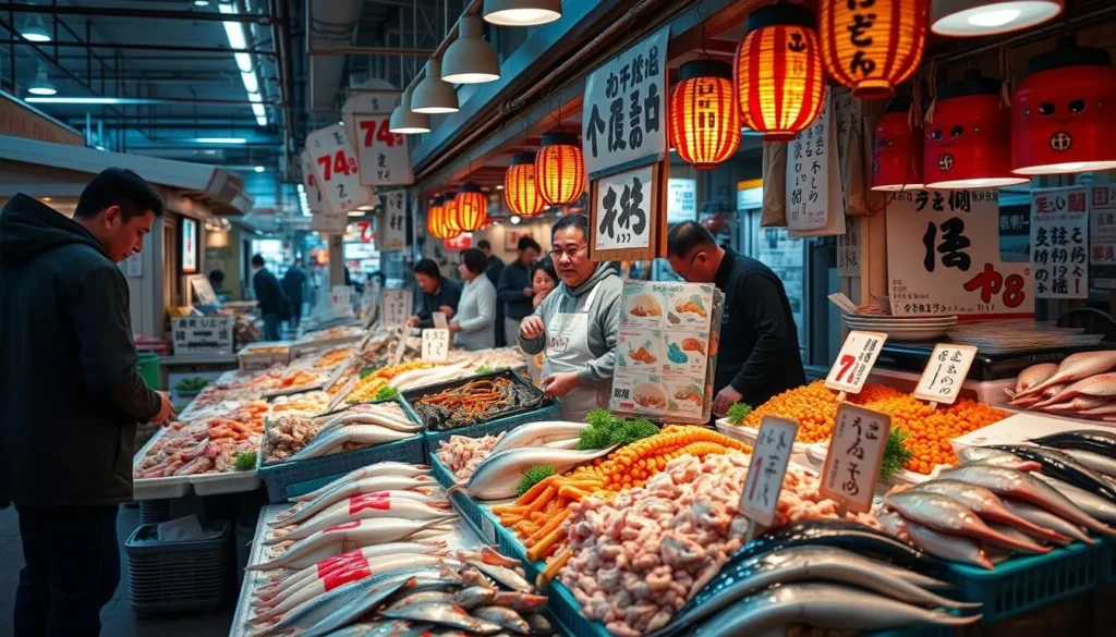 Shinminato Kito Market with fresh seafood on display