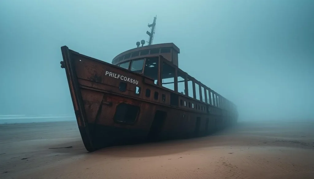 Shipwreck on the Skeleton Coast with foggy ocean and desert sand - best things to do in Namibia