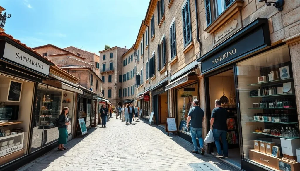 Shopping street in San Marino with tax-free luxury boutiques and souvenir shops Shopping street in San Marino with tax-free luxury boutiques and souvenir shops