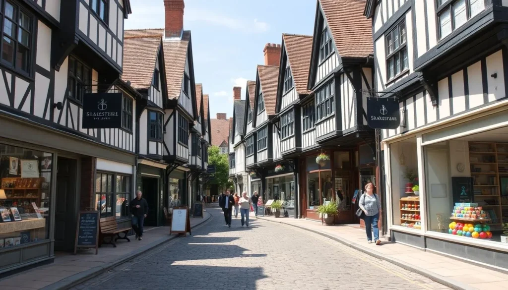 Shopping street in Stratford-upon-Avon with Tudor-style buildings housing boutique shops and cafes Shopping street in Stratford-upon-Avon with Tudor-style buildings housing boutique shops and cafes
