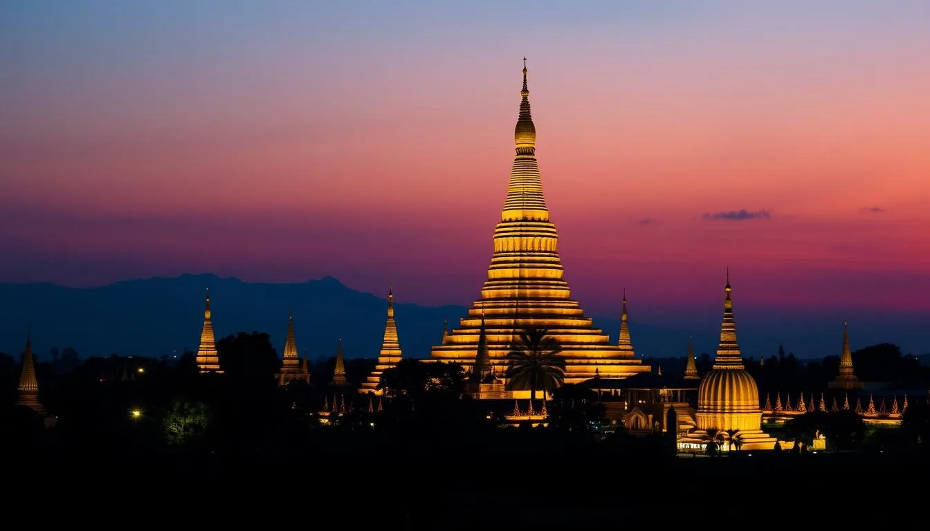 Shwedagon Pagoda in Yangon, Myanmar at sunset with golden stupas glowing against the twilight sky