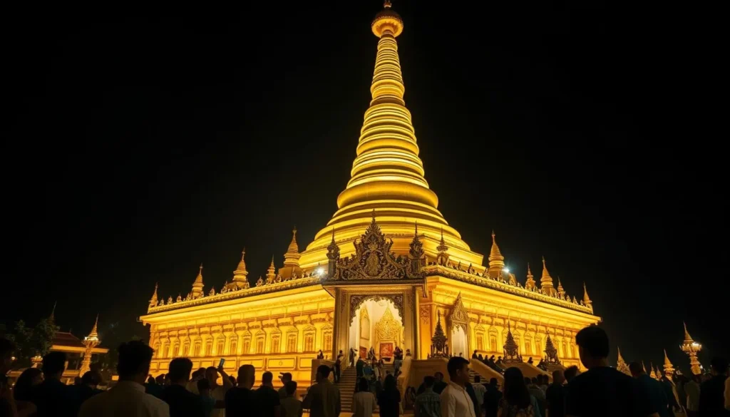 Shwedagon Pagoda in Yangon illuminated at night with devotees praying around the golden stupa Shwedagon Pagoda in Yangon illuminated at night with devotees praying around the golden stupa