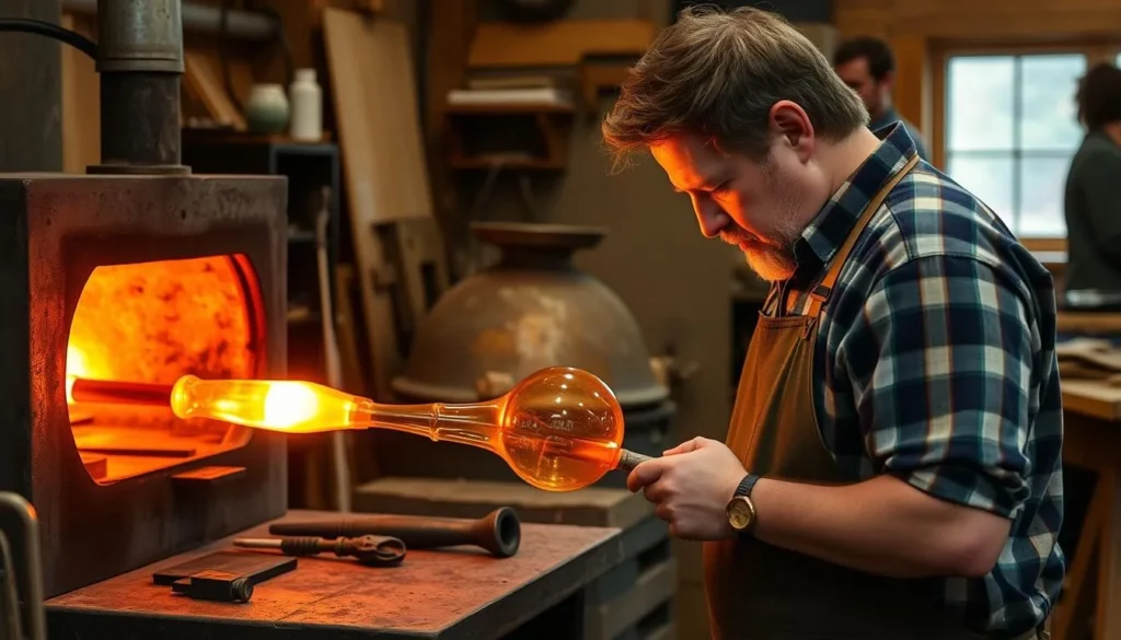 Simon Pearce glassblowing demonstration with artisan creating handblown glass