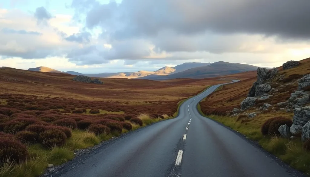 Single-track road winding through the moorland landscape of the Outer Hebrides