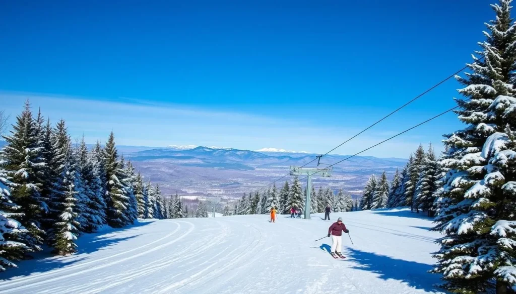 Skiers at Saskadena Six ski resort near Woodstock Vermont with snow-covered slopes