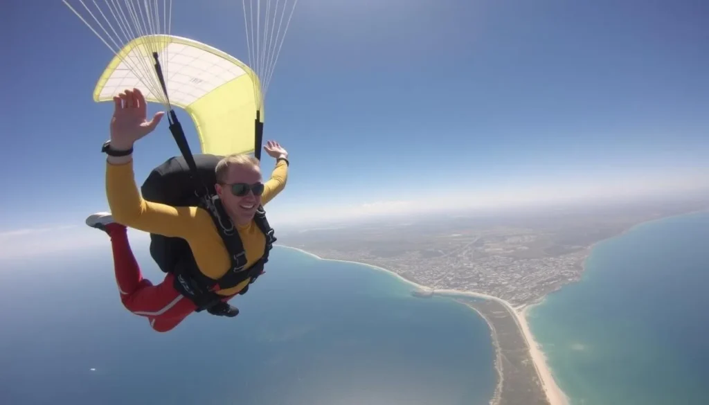 Skydiving over the Gold Coast with a parachute open and the ocean below