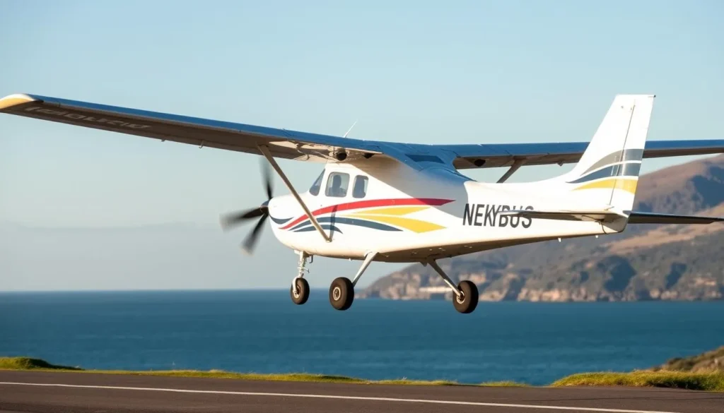 Small Skybus aircraft landing at St. Mary's Airport in the Isles of Scilly with ocean views Small Skybus aircraft landing at St. Mary's Airport in the Isles of Scilly with ocean views