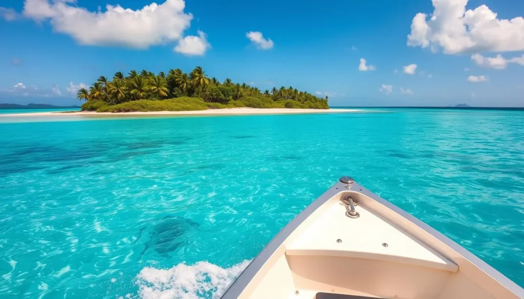 Small boat approaching a pristine uninhabited Fiji island with white sand beach