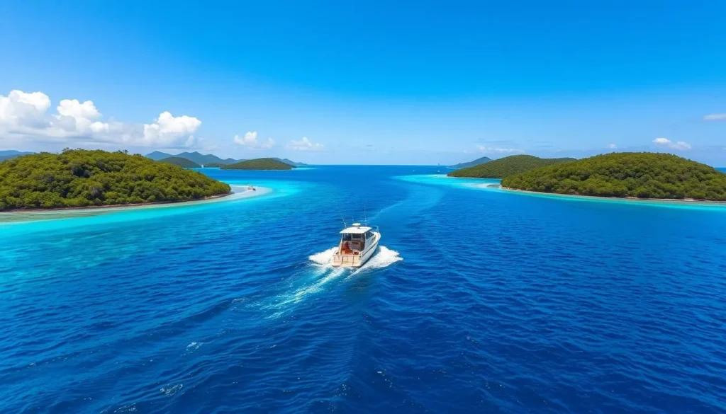 Small boat traveling between lush green islands in the Torres Strait Small boat traveling between lush green islands in the Torres Strait