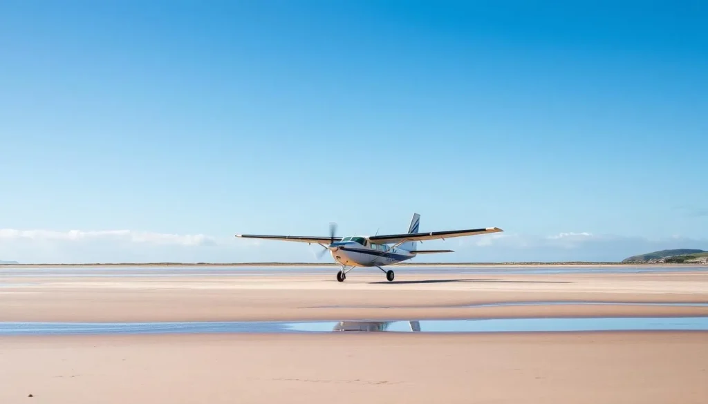 Small plane landing on the beach runway at Barra Airport with tide coming in