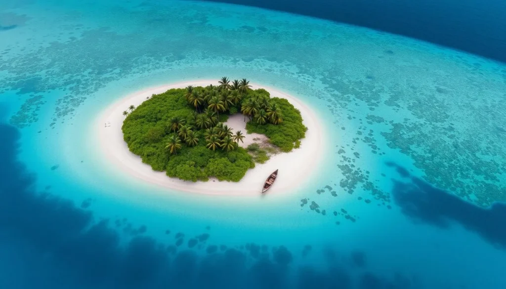 Small tropical islet in Wallis lagoon with white sand beach and palm trees