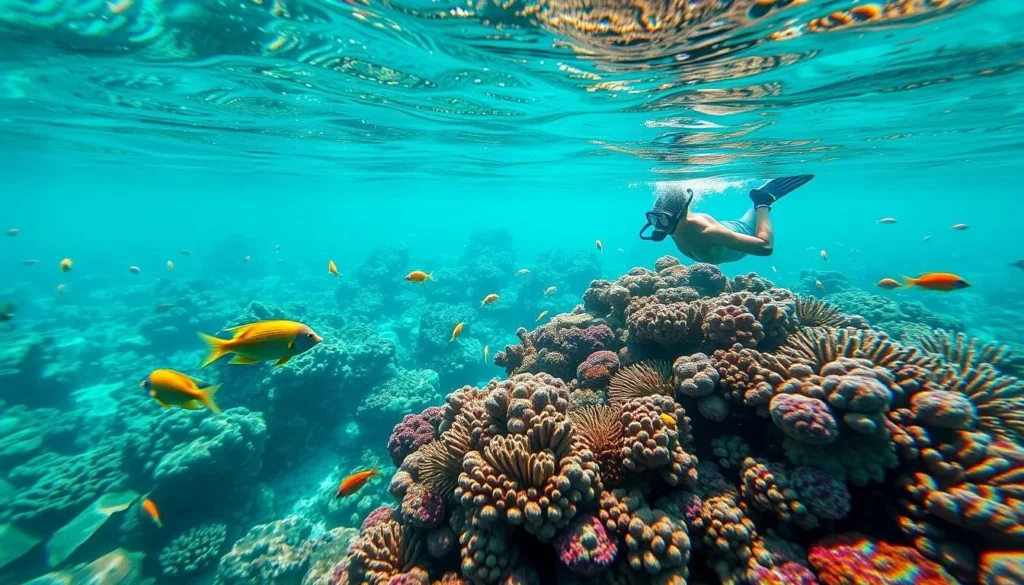 Snorkeler exploring coral reef at Fitzroy Island National Park, Queensland Snorkeler exploring coral reef at Fitzroy Island National Park, Queensland